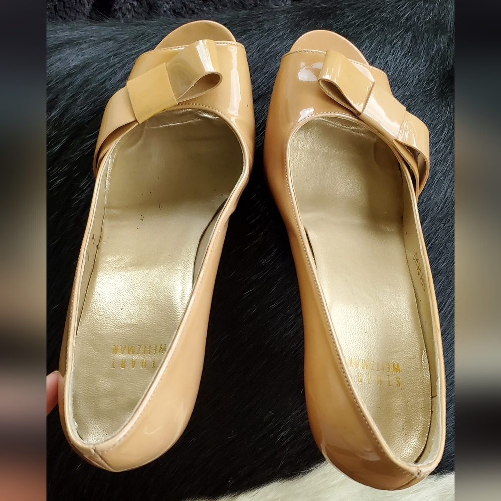 Stuart Weitzman Patent Women's Tan Peep-Toe Heels Sz 7
